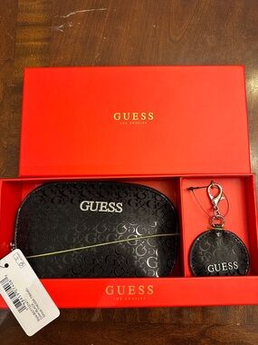 Guess Black Monogram Cosmetic Travel Pouch with Matching Keychain Mirror